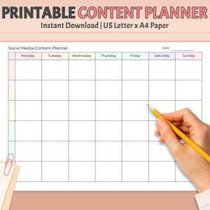 Planificador de contenido imprimible Arcoíris, organizador de horarios, plantilla de estrategia de marketing, rastreador de publicaciones, creadores de contenido en blanco, planificadores 2025, tamaño carta A4