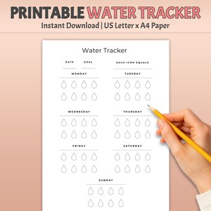 Registro semanal de agua imprimible, registro de hidratación, consumo de agua, recordatorio para beber agua, diario de agua, beber más agua, tamaño A4/Carta (PDF)