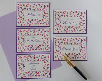 Lot de 5 cartes avec motif floral à pois, Joyeux anniversaire, Guérissez bientôt !, Merci, Je pense à vous, Bonne fête des mères