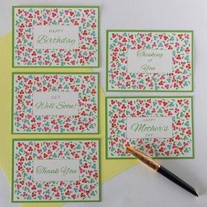 Set di 5 biglietti con motivo floreale a pois, Buon Compleanno, Guarisci Presto!, Grazie, Ti Penso, Buona Festa della Mamma, fatti a mano