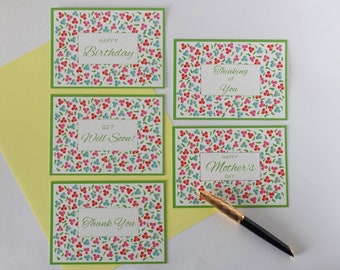 Lot de 5 cartes avec motif floral à pois, Joyeux anniversaire, Guérissez bientôt !, Merci, Je pense à vous, Bonne fête des mères, faites à la main