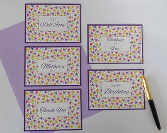 Lot de 5 cartes avec motif floral à pois, Joyeux anniversaire, Guérissez bientôt !, Merci, Je pense à vous, Bonne fête des mères, faites à la main