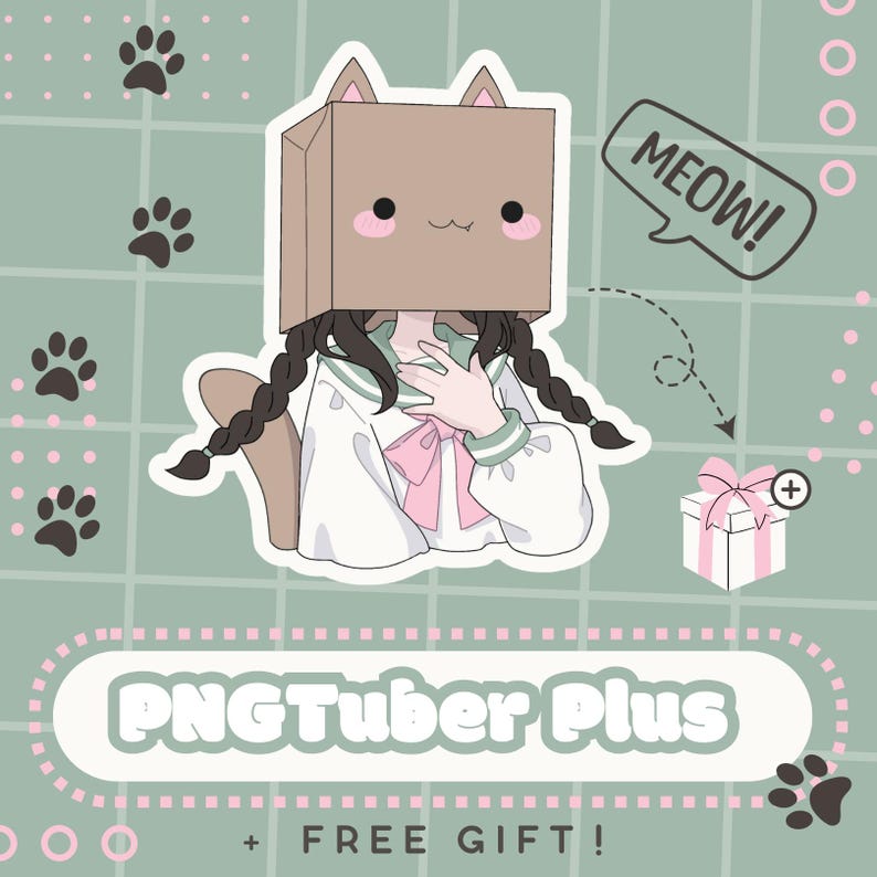 K&ouml;nnte beinhalten: Illustration einer Person mit einem katzenf&ouml;rmigen Pappkarton auf dem Kopf, in wei&szlig;er Matrosenuniform und rosa Schleife. Das Bild enth&auml;lt eine Sprechblase mit "MEOW!" und den Text "PNGTuber Plus + FREE GIFT!" auf einem gr&uuml;nen Gitterhintergrund mit Pfotenabdr&uuml;cken.