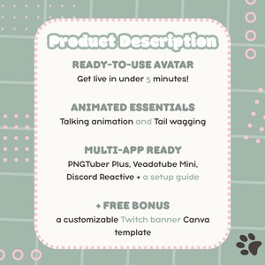 K&ouml;nnte beinhalten: Eine Produktbeschreibungsgrafik mit hellgr&uuml;nem Hintergrund und rosa Akzenten. Der Text listet Funktionen wie einen sofort einsatzbereiten Avatar, animierte Essentials, Multi-App-Kompatibilit&auml;t und eine kostenlose Twitch-Banner-Vorlage auf.
