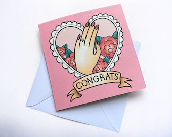 Tattoo Style Congratulations Card, Alternative Engagement Celebration Card, Old School Tattoo Inspired Illustration with Printed Message