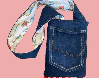 Small Handmade Shoulder Bag, Upcycled Denim Bag, Long Bag with Pocket