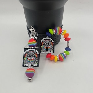 Stanley Cup Accessories | Tumbler Accessories | Silicone Handle Bracelet Charm | Straw Dangles | Racoons Busy Reading Trash Panda | Books