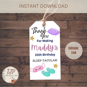 Girls Sleepover Birthday Thank you Tag for birthday invitation for sleepover party birthday invite thank you tag SLP01