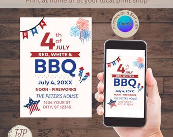 Puede incluir: Una invitación imprimible para una barbacoa del 4 de julio. La invitación presenta un esquema de color rojo, blanco y azul con fuegos artificiales y estrellas. El texto de la invitación dice "4th of July Red, White & BBQ July 4, 20XX NOON - FIREWORKS THE PETER'S HOUSE 1234 YOUR ST CITY, ST 12345".