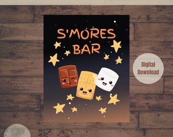 Puede incluir: Un cartel imprimible para una barra de s'mores con fondo azul oscuro y estrellas amarillas. El cartel presenta una barra de chocolate, una galleta graham y un malvavisco con caras lindas.
