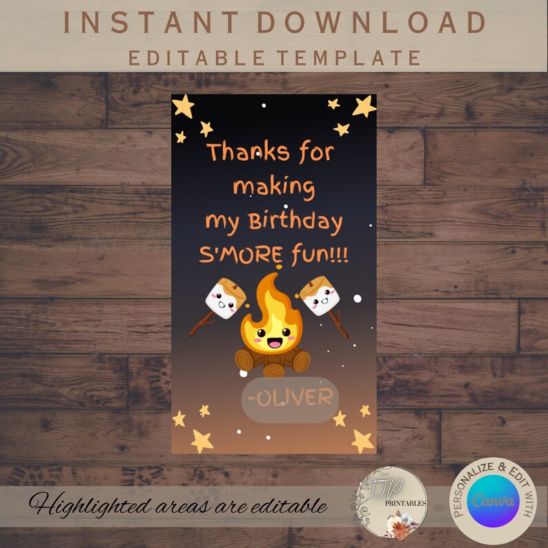 Thank You Tags for Smores Birthday Thank You Tag for Party Favor Tag ...