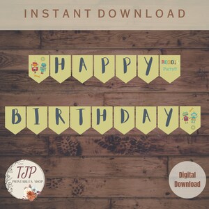 Bannière d&#39;anniversaire de fête de robot pour la bannière de fête de robot pour le signe de bannière imprimable de fête de robot d&#39;anniversaire pour la fête de robot d&#39;anniversaire RBT01