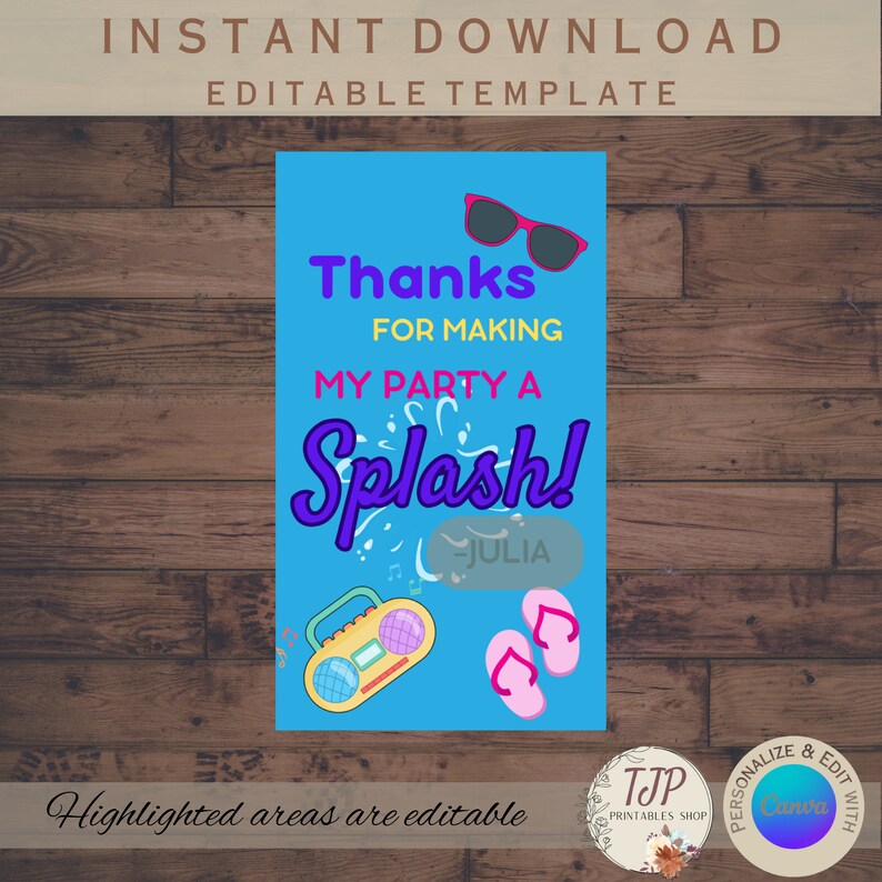 Pool Party Thank You Tag for Birthday Invitation for Pool - Etsy
