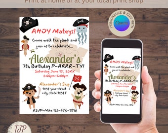 Pirate Birthday Invitation for Boys Pirate Birthday Party Invitation Template for boys Printable Invite for Pirate Party Editable Template