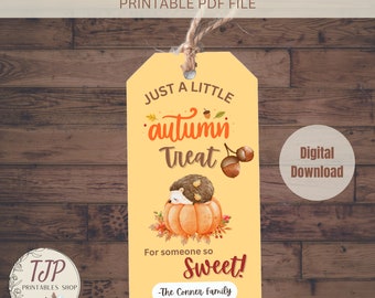 Hedgehog Fall gunst tag, herfst traktatie tag, Fall personeel waardering tag, herfst cadeau tags, afdrukbare herfst cadeau tag, herfst cadeau mand tag