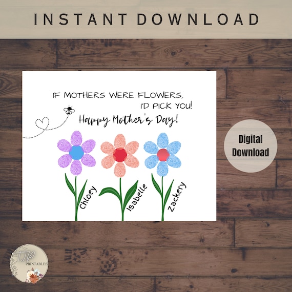 Mothers Day DIY Kid's art activity for mom Kid's Crafts Fingerprint  Printable art Flower and Butterfly mothers day keepsake
