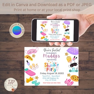 Editable Slumber Party Birthday Invitation Sleepover Birthday Invite Pink Girl Spa tween Digital Download Printable Template SLP01