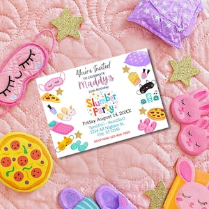 Editable Slumber Party Birthday Invitation Sleepover Birthday Invite Pink Girl Spa tween Digital Download Printable Template SLP01