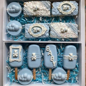 36 pc Customizable Baby Shower Gender Reveal Party Package, Chocolate Covered Oreos, Chocolate Covered Rice Krispy Treats, Cakesicles