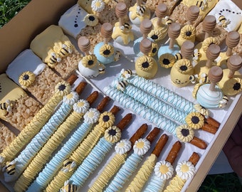 36pc Baby Shower Party Package, As Sweet As Can Bee Theme, Cakepops, Rice Krispy Treats, Pretzels, Customizable, Honey, Sunflowers, Desserts