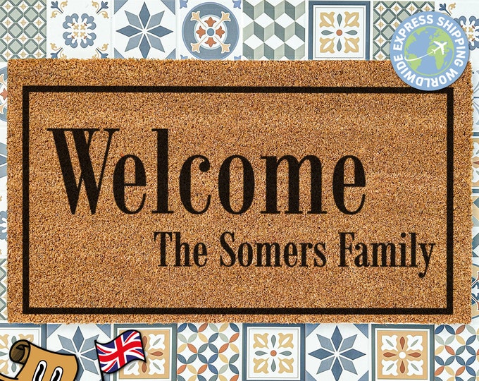 Paillasson Welcome Family | Tapis de bienvenue personnalisé | Cadeau de famille | Décorations de porche personnalisées | Paillasson personnalisé avec nom de famille