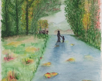 Original watercolor - Walk in the forest with his child