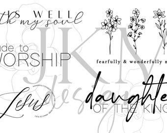 Puede incluir: Diseño gráfico en blanco y negro con el texto "It is well with my soul, made to worship Jesus, fearfully and wonderfully made, daughter of the King".