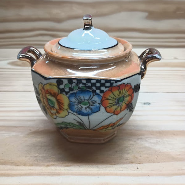 JAPANESE LUSTERWARE sugar Bowl Checkerboard Poppy pattern.