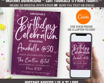 Editable Purple 30th Birthday Invitation Glitter Birthday Party Invite Rainbow Foil Woman Thirty Birthday Party Invitation 30th Adult Evite
