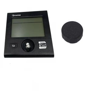 May include: A black Truma iNet Ready control panel with a screen and a round black cover. The panel has a screen, a button with a return arrow, and a dial. The Truma logo is visible.