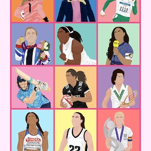 May include: A collage of nine illustrations of female athletes in various sports, including football, tennis, athletics, rugby, cricket, and basketball. The illustrations are in a colourful, cartoon style and are set against a pink background. The text "Women in Sport" is written in pink letters at the bottom of the collage.