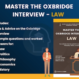 Può includere: Una grafica blu e gialla con un elenco di controllo degli argomenti trattati in una guida per padroneggiare il colloquio di Oxbridge per Giurisprudenza, Politica, Filosofia, Economia e Storia. La guida si basa su un corso Oxbridge premiato. La grafica presenta un'illustrazione di cartoni animati di una persona che tiene un libro e un'altra persona seduta a una scrivania.