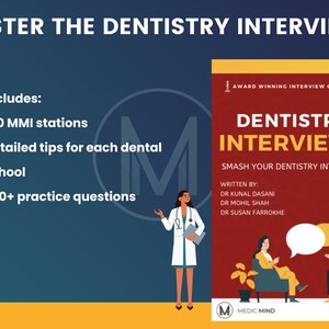 Op de afbeelding: Een rode en gele afbeelding met de tekst "Master the Dentistry Interviews" en "Dentistry Interviews" met een cartoonillustratie van een arts en twee mensen die praten. De tekst bevat ook "Smash your Dentistry Interview!" en "Award Winning Interview Course".