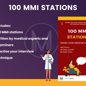 Peut inclure: Une couverture de livre rouge et blanche avec le titre "100 MMI Stations" et le texte "Smash Your Medicine Interview!"  Écrit par : Dr. Kunal Dasani et Dr. Mohil Shah.  La couverture du livre présente une illustration de bande dessinée de deux personnes assises sur des chaises et en train de parler.