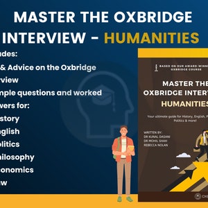 Può includere: Una grafica marrone e gialla con il testo "Master the Oxbridge Interview: Humanities". La grafica presenta un'illustrazione di un cartone animato di una persona in piedi su una freccia gialla che punta verso l'alto. Il testo "Your ultimate guide for History, English, Philosophy, Politics & more!" è sotto il titolo.