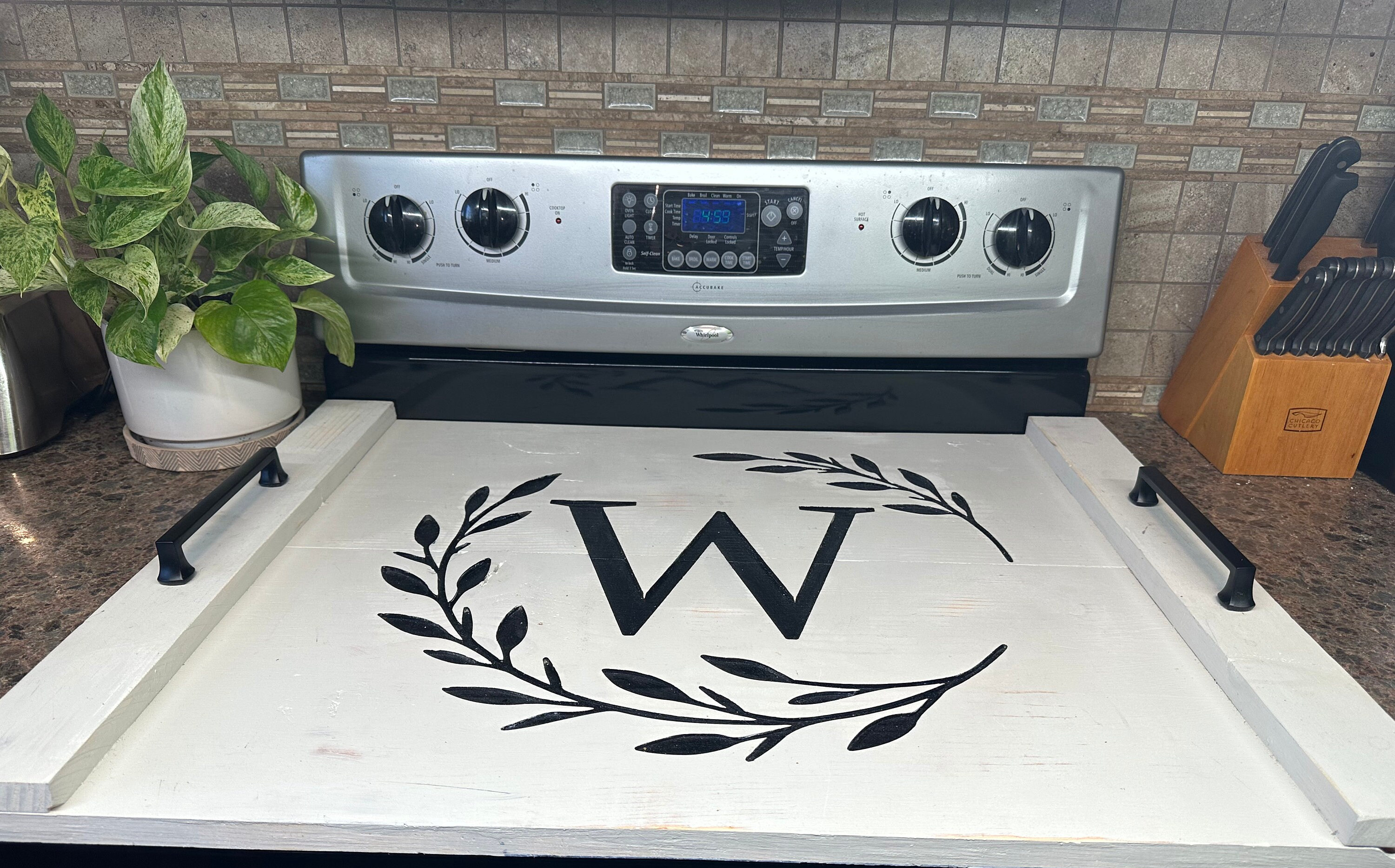 Stove Top Cover - White and Black Scroll, Cooktop Cover