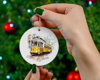 Lisbon Yellow Tram Ceramic Ornament – Portugal Travel Gift