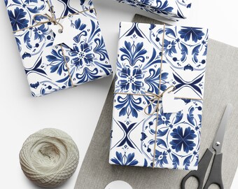 Azulejo Gift Wrap: Blue and White Portuguese Tiles, Eco Wrapping Paper