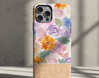 Funda para teléfono de corcho con diseño floral - Diseño botánico en acuarela