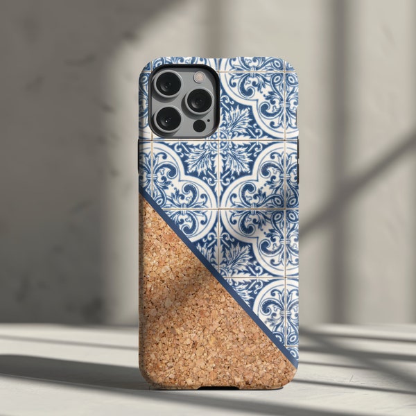 Portuguese Tiles and Cork Phone Case iPhone 15 14 Pro Max 13 12 11 - Samsung Galaxy 23 22 21 20 - Google Pixel Cork and Azulejo Hard Case