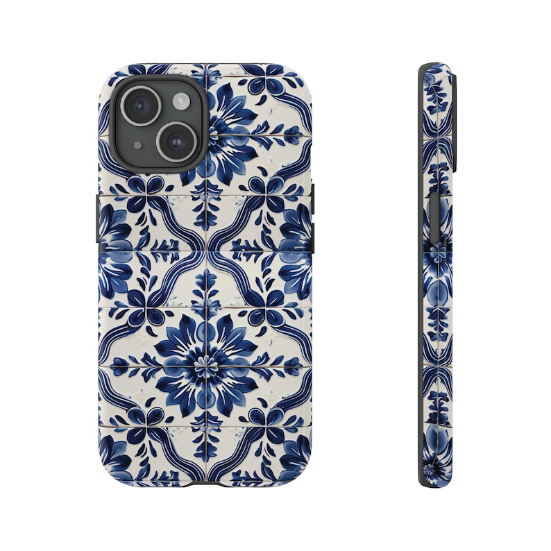 May include: A white and blue phone case with a floral pattern inspired by Portuguese tiles. The case is designed for an iPhone.