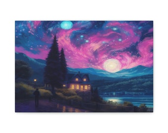 Synthwave Inspired Starry Night Stretched Canvas Print Wall Art In Thomas Kinkade Style