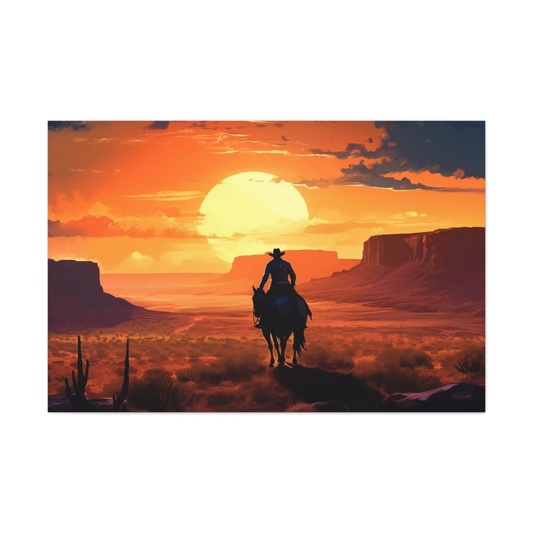 Old West Cowboy Horseback at Sunset Stretched Canvas Print - Etsy