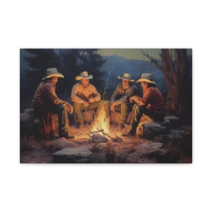 Old West Cowboys Around Campfire Stretched Canvas Print