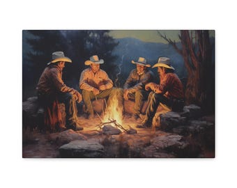 Old West Cowboys Around Campfire Stretched Canvas Print