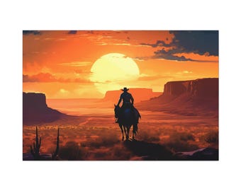 Old West Cowboy Horseback Sunset Canvas Print