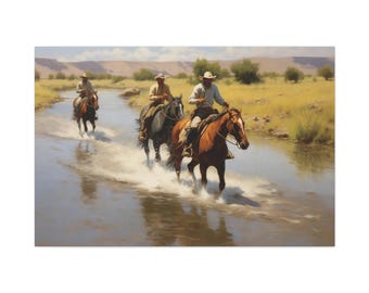 Old West Cowboys Crossing River on Horseback