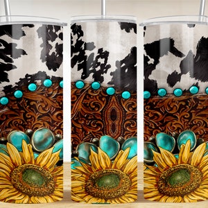 Western cowhide tooled leather sunflower 20oz skinny tumbler png, western tumbler png, western patterns png, sublimate designs download