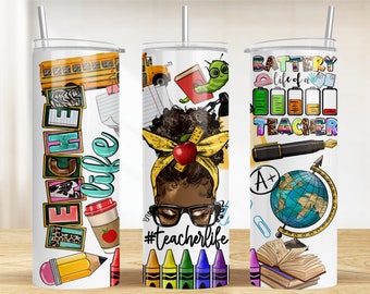 Afro messy bun Teacher life 20 oz skinny tumbler png, Teacher tumbler wrap png, afro messy bun 20 oz tumbler designs,tumbler png download