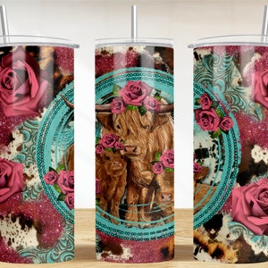 Western Cow family 20oz skinny tumbler png, western tumbler png, roses cow png,animal tumbler png,cow tumbler png,sublimate designs download